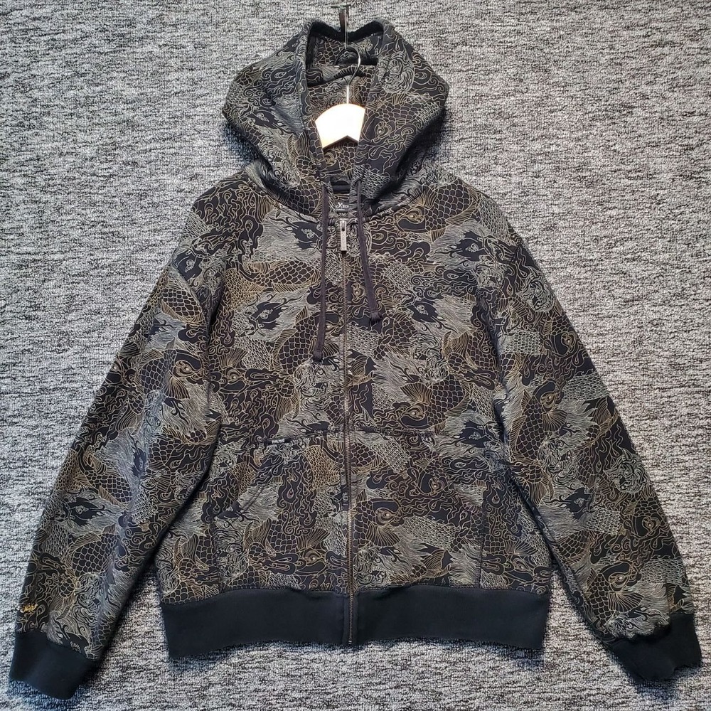 Marc Ecko Full Zip Hoodie Mens Large Black Gray Japanese Dragon Y2K Print Hoodie